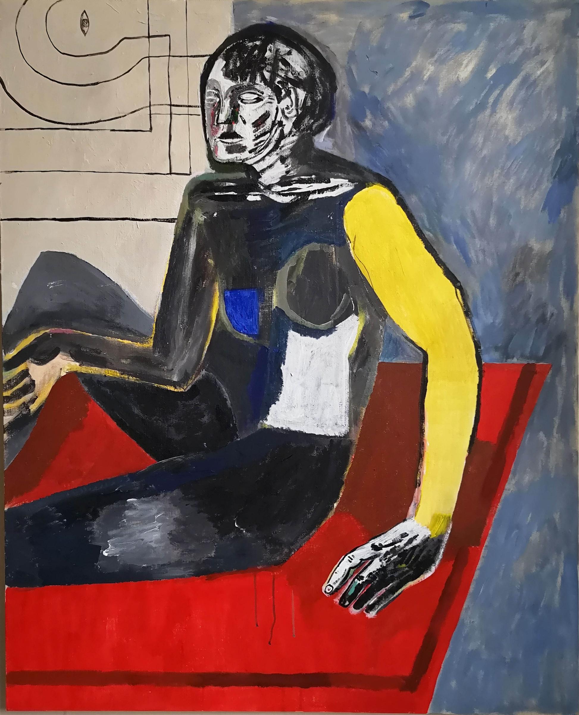 Autoportret z plakatem w tle / 120 × 97 cm / akryl, olej na płótnie / 2023