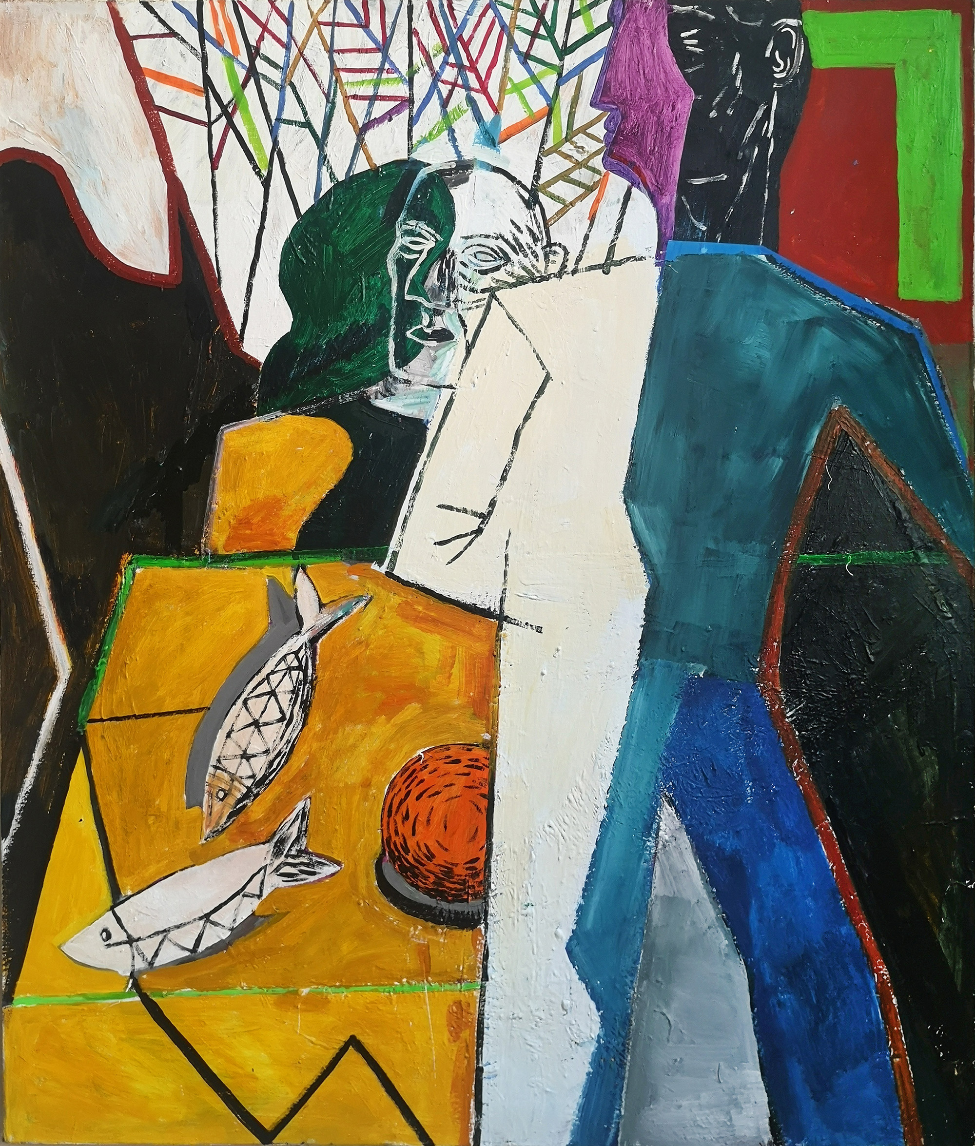 Ryby na stole / 120 × 100 cm / akryl na płótnie / 2023