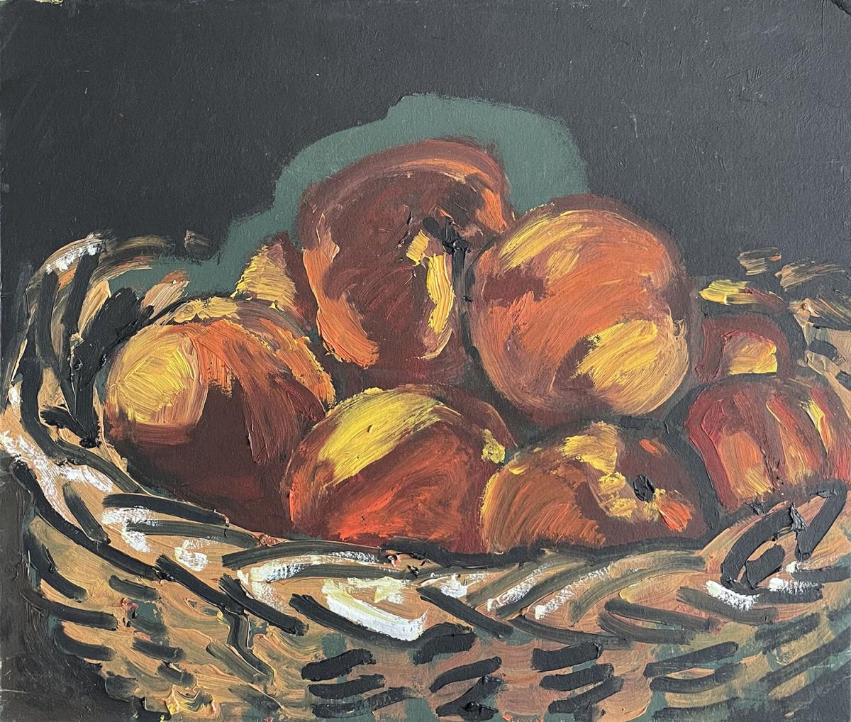 Brzoskwinie w koszyku / 25 × 35 cm / olej na tekturze / 2019