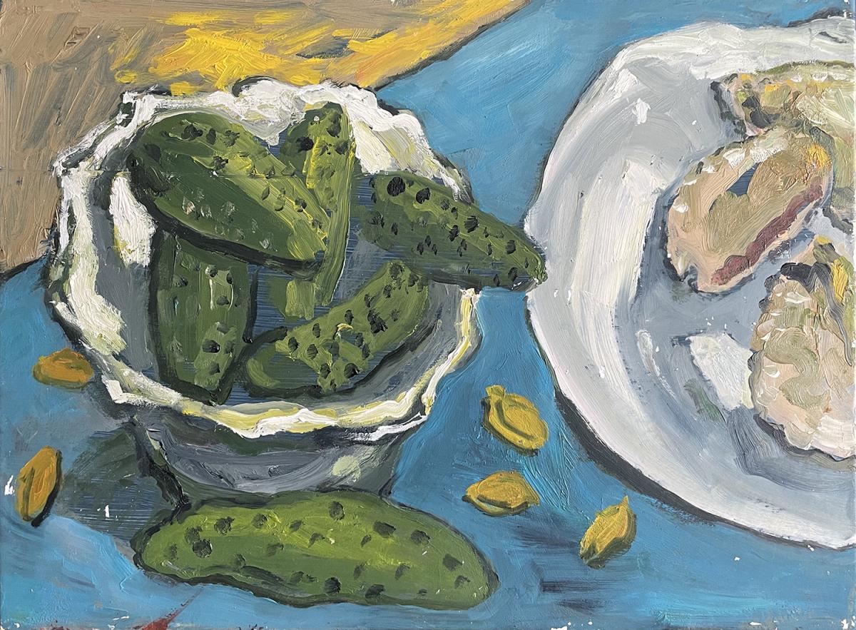 Ogórki, pestki i pierogi na talerzu / 23 × 31 cm / olej na tekturze / 2020
